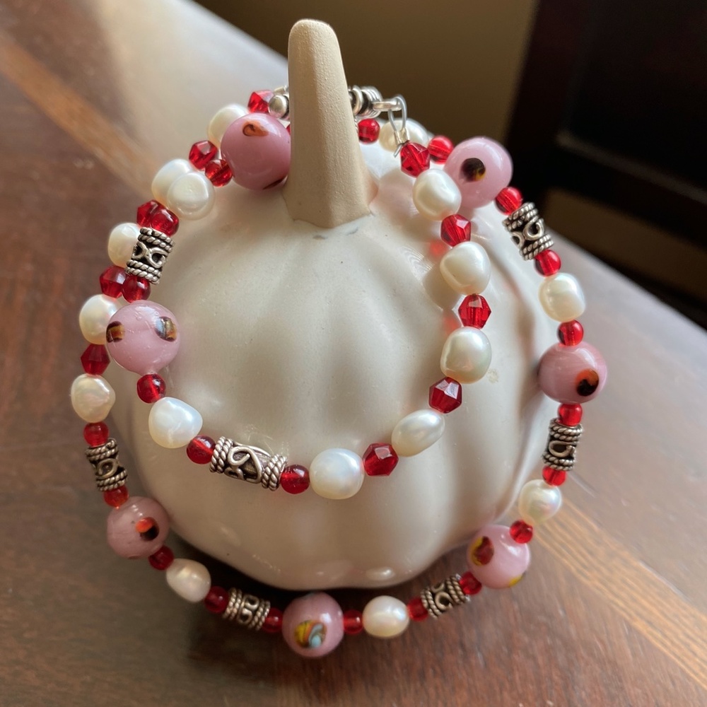 Pink Floral Beads, Sterling & Freshwater Pearl Beaded Necklace
